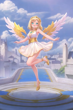 conceptual design, white background, 1girl, hair accessories, blonde hair, Aqua eyes, white dress, sleeveless, decoration, full body, smile, pose Flying, clouds everywhere, blue sky blushing, speech bubble, star, RafaDewi,Angel,RafaGoddess, 