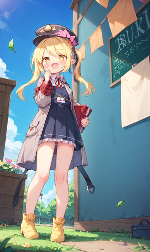 score_9, score_8_up, score_7_up, Without_humans, on the ground grass leaves flowers, fubukiBA,1 little girl in the room, blackboard, write mixed text Ibuki, yellow eyes, blonde hair, wrap skirt, clothes,ibuki-dress,ibuki-default,ibuki \(blue archive\), cuteloliface, Mouth closed, Standing, from below, dentist uniform,