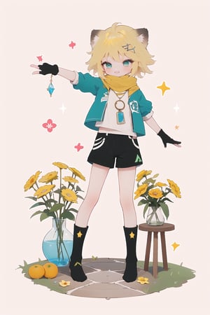 1 Girl, short blonde hair, brown animal ears, green eyes, hairpin, long yellow scarf, a strand of hair standing up, short black t-shirt, green short jacket, necklace, lollipop, shorts, sweet background, joy, "elegant crystal, graceful curves, Filled with orange and white marble fluid forming a fox shape, wavy and dynamic movement Floating pastel flower petals Anime soft pink gradient background. Cute, short blonde hair, animal ears brown, hairpin, yellow scarf, pendant, green rolled up jacket Short sleeve, short black t-shirt, shorts, cloth, necklace, black stockings, In a glass bottle, decoration, table, fruits, grass, flowers, colour_textDecoration, board write, grass, flowers, text, joyml, tousled hair, toys, scattered, Look for it, A strand of hair stands up,Books, children's games, cloth, colorful pointed flags, cups, cakes, Snotty, Red nose, standing, leaning against the wall, thin body, Slim Mouth open in smile Grinning, happy conceptual design, In a glass bottle, Gloves, round wooden chair