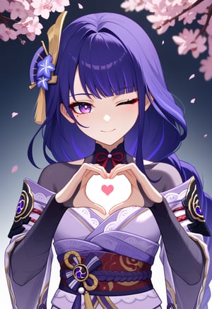 score_9, score_8_up, score_7_up, source_anime,  highly detailed, BREAK, 
  1girl,raiden_shogun_ckxl Long blue braided hair, purple eyes, game cloth kimono, upper body, cherry blossoms, one eye closed, smile, heart-shaped hands, latarbelakang blink