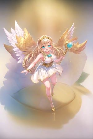 conceptual design, white background, 1girl, hair accessories, blonde hair, Aqua eyes, white dress, sleeveless, decoration, full body, blushing, speech bubble, star, RafaDewi,Angel, happy face, From above 