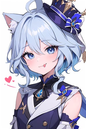 1 girl, Furina, details of blue eyes, cat ears, messy blue hair, part of the face, mochi ice white background, spots on furina's face \(genshin impact\), :3, Heart sayings, small hats, Tongue out 