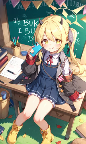 score_9, score_8_up, score_7_up, on the ground grass leaves flowers, fubukiBA,1 little girl in the room, , blackboard, write mixed text Ibuki, yellow eyes, blonde hair, wrap skirt, clothes,ibuki-dress,ibuki-default,ibuki \(blue archive\), closed mouth, Silence, writing in a book, sitting, desk chair, from above, Upper body, pen, Horn, Tongue out, Holding a cellphone