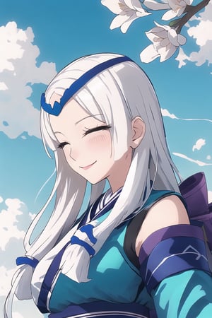 Kagura ml, 1 girl with white hair, hair ornament, kimono clothing, Blue flower Sky cloud  Eyes closed, smile 