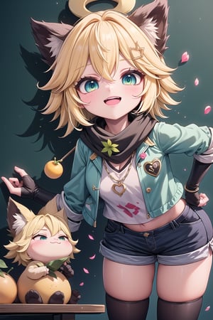 1 Girl, short blonde hair, brown animal ears, green eyes, hairpin, long yellow scarf, a strand of hair standing up, short black t-shirt, dark green short jacket, necklace, lollipop, shorts, sweet background, joy, "Elegant crystal , graceful curves, Filled with orange and white marble fluid forming a fox shape, wavy and dynamic movement Floating pastel flower petals Anime soft pink gradient background and highly detailed 8K resolution brown animal, hairpin, yellow scarf, pendant, short-sleeved dark green jacket, fingerless gloves, short black t-shirt, shorts, cloth, necklace, black stockings, indoor background, Decoration, table, fruits, grass, flowers, colour_textDecoration, blackboard, grass, flowers, text, joyml, tousled hair, toys, scattered, look up, A strand of hair standing,book, children's games, cloth, multicolored pointed flags, cups , cake , Happy, smiling, holding a piece of paper saying heart, Snotty, Red nose, standing, leaning against the wall,