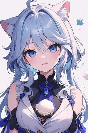 1 girl, Furina, details of blue eyes, cat ears, messy blue hair, part of the face, mochi ice background, black spots on furina's face \(genshin impact\),