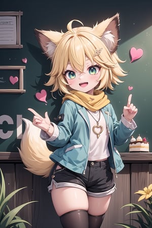 1 Girl, short blonde hair, brown animal ears, green eyes, hairpin, long yellow scarf, a strand of hair standing up, short black t-shirt, dark green short jacket, necklace, lollipop, shorts, sweet background, joy , "Elegant crystal, graceful curves, Filled with orange and white marble liquid to form a fox shape. The cat has big eyes and a long tail. Fluid cat silhouette with wavy and dynamic movements. Pastel flower petals floating Softly pink gradient background. Stylish thin lines anime and bright colors. Very detailed 8K resolution. Cute, short blonde hair, brown animal ears, hairpin, yellow scarf, pendant, dark green jacket, short black t-shirt, shorts, cloth, necklace, black stockings, indoor background, Decoration, chalkboard, grass, flowers, colored_textDecoration, chalkboard, grass, flowers, text, joyml, messy hair, toys, scattered, Look up, A strand of hair stands up,Books, children's games, cloth, colorful pointed flags, cups, cakes, Happy, smiling, holding A piece of heart greeting paper, Open mouth canine teeth,  Hands in trouser pockets, standing, leaning against the wall,