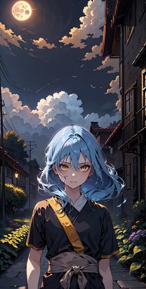 1 girl, in the room, long hair, blue hair, yellow eyes, black t-shirt, short sleeves, robe, night, bright moon, bloody face, upper body, outside garden, hair blowing in the strong wind,