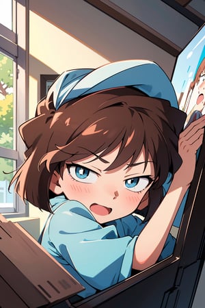 best quality, Haibara, masterpiece, high quality,absurdres, highres, very detailed,(eyes sideways:1.5),(extraordinary blushing, shy expression),a girl, Beautiful blue eyes, more_brown, open mouth, dynamic angle , brown_hair, short_hair, indoors, aihaibara