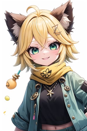 1 Girl, short blonde hair, brown animal ears, green eyes, hair clip, long yellow scarf, a piece of hair standing up, short black t-shirt, short dark green jacket, necklace, lollipop, shorts, Upper body, sweet smile, white background,joyml