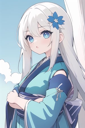Kagura ml, 1 girl with white hair, hair ornament, kimono clothing, Blue flower Sky cloud  blue Eyes, :o, From the front looking at the viewer, arms crossed,