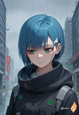 score_9, score_8_up, score_7_up, source_anime,  highly detailed, BREAK, 
  1girl,ichigo_franxx Short blue hair hair clip, Green eyes, black jacket, star/(logo), outside roadside, building, rain falling, gloomy weather, upper body, hood, Heavy rain, 