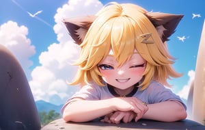 joyml, 1 girl, Outdoors, rocks, clouds, rainbows , medium blonde hair, brown animal ears, hair clips, short white t-shirt, detailed image, hd, smooth, ultra, Upper body, a strand of hair standing up,
Smile, Grinning, eyes closed,