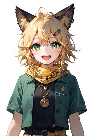 score_9, score_8_up, score_7_up, score_6_up, , score_5_up, , score_4_up, 
BREAK , 

masterpiece, best quality, Looking at the audience, 1girl solo, bangs,Joy, Currently blonde hair brown animal ears lilotin necklace short black shirt, green eyes hair clip long yellow scarf one strand of hair standing up green jacket croopet short sleeves Shorts, Upper body, sitting, White background, happy,:3