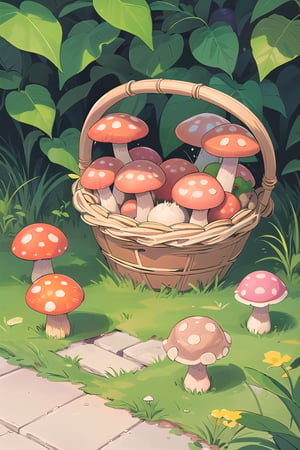 A rattan basket containing mushrooms lies in the bushes,ISO_SHOP,isometric