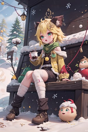 joyml,SantaLap,Snow,Snowflakes,Winter, 1 girl short blonde hair brown animal ears pierced hairpin yellow scarf pendant short red jacket bandage sleeve short red pants bandage on thigh, Wooden house, snow falling, Green eyes, a strand of hair, a necklace string, a Sit down, Holding a cup of hot chocolate, :o,