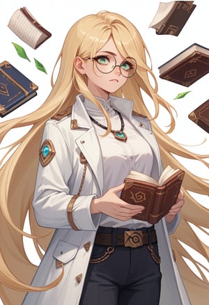 score_9, score_8_up, score_7_up, source_anime,  highly detailed, BREAK, 
  1girl,Layla, Round glasses, very long blonde hair, green eyes, White shirt with belt, black pants, necklace, lilotin, book, white coat White background, upper body, Anime styleCrossed arms, 