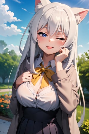 Elaina, blue eyes, one eye closed, white hair, long hair, robe, upper body, white shirt, yellow bow tie, pleated skirt, happy, garden, blue sky, cat ears, hands on chest, tongue out, shy, masterpiece.