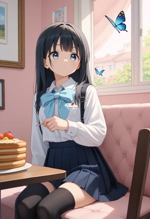 score_9, score_8_up, score_7_up, score_6_up, , score_5_up, , score_4_up, 
BREAK , 

masterpiece, best quality, Looking at the audience, 1girl solo, bangs,akebikomichi_anime, Long black hair short bangs, blue eyes, light blue butterfly, school uniform, pleated skirt, black stockings, In the room, Pink walls, sitting on a chair, table, food, breakfast, fruit and bread, milk, window, photo, shelf, wall decoration, 