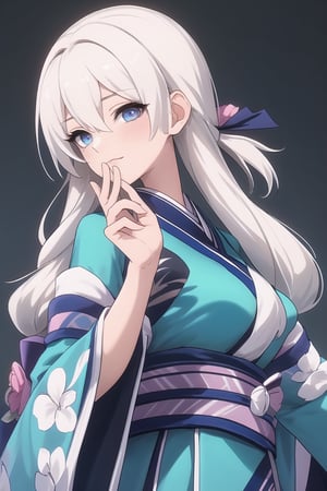 Kagura ml, 1 girl with white hair, hair ornament, kimono clothing, Blue flower cloud  