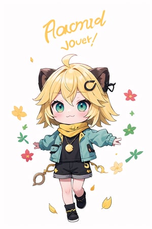 1 Girl chibi, short blonde hair, brown animal ears, green eyes, hairpin, long yellow scarf, a strand of hair standing up, short black t-shirt, green short jacket, joy, "wavy and dynamic movement Floating pastel flower petals Anime soft. Cute, short blonde hair, animal ears brown, hairpin, yellow scarf, pendant, green rolled up jacket, short black t-shirt, shorts, White background, Colorful pointed flag scribbles, beads :3