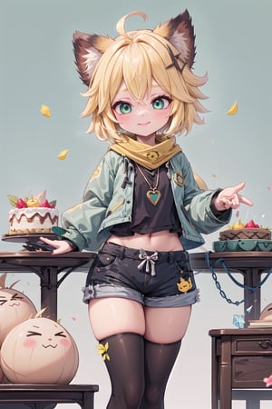 1 Girl, short blonde hair, brown animal ears, green eyes, hairpin, long yellow scarf, a strand of hair standing up, short black t-shirt, green short jacket, necklace, lollipop, shorts, sweet background, joy, "elegant crystal, graceful curves, Filled with orange and white marble fluid forming a fox shape, wavy and dynamic movement Floating pastel flower petals Anime soft pink gradient background and bright colors. Cute, short blonde hair, animal ears brown, hairpin, yellow scarf, pendant, green rolled up jacket, short black t-shirt, shorts, cloth, necklace, black stockings, indoor background, decoration, table, fruits, grass, flowers, colour_textDecoration, board write, grass, flowers, text, joyml, tousled hair, toys, scattered, Look for it, A strand of hair stands up,Books, children's games, cloth, colorful pointed flags, cups, cakes, Snotty, Red nose, standing, leaning against the wall, thin body, Slim Mouth open in smile 