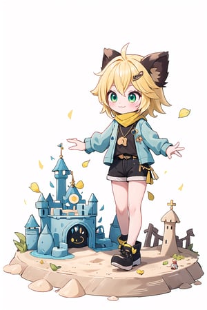 1 Girl chibi, short blonde hair, brown animal ears, green eyes, hairpin, long yellow scarf, a strand of hair standing up, short black t-shirt, green short jacket, joy, "wavy and dynamic movement Floating pastel flower petals Anime soft. Cute, short blonde hair, animal ears brown, hairpin, yellow scarf, pendant, green rolled up jacket, short black t-shirt, shorts, White background, Colorful pointed flag scribbles, beads :3, Sand, small bucket, sand castle 