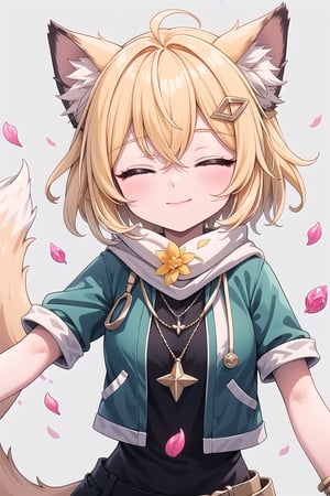 1 Girl, short blonde hair, brown animal ears, closed eyes, hair clip, long yellow scarf, a piece of hair standing up, short black t-shirt, short dark green jacket, necklace, lollipop, shorts, Upper body, sweet white background,joyml, "Elegant crystal, graceful curves,Filled with marbled orange and white liquid forming a fox shape. Cat has large eyes and long tail. Fluid feline silhouette with wavy, dynamic motion. Pastel flower petals floating around Soft pink gradient background. Anime-style thin linework and vibrant colors. Glossy textures. Hyper-detailed 8K resolution. Masterpiece, best quality, sharp focus,watce, Happy, >~<, 