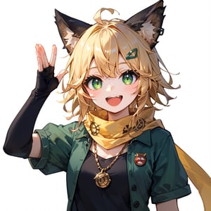 score_9, score_8_up, score_7_up, score_6_up, , score_5_up, , score_4_up, 
BREAK , 

masterpiece, best quality, Looking at the audience, 1girl solo, bangs,Joy, Currently blonde hair brown animal ears lilotin necklace short black shirt, green eyes hair clip long yellow scarf one strand of hair standing up green jacket croopet short sleeves Shorts, Upper body, sitting, White background, happy 