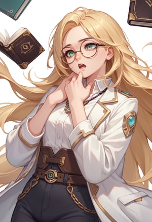 score_9, score_8_up, score_7_up, source_anime,  highly detailed, BREAK, 
  1girl,Layla, Round glasses, very long blonde hair, green eyes, White shirt with belt, black pants, necklace, lilotin, book, white coat White background, upper body, Hand on chin, mouth open 