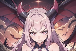 alice_qb, Pink hair long, horns, red eyes, wings, in a rock cave, bats, red light, upper body , annoyed face 