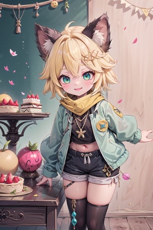 1 Girl, short blonde hair, brown animal ears, green eyes, hairpin, long yellow scarf, a strand of hair standing up, short black t-shirt, green short jacket, necklace, lollipop, shorts, sweet background, joy, "elegant crystal, graceful curves, Filled with orange and white marble fluid forming a fox shape, wavy and dynamic movement Floating pastel flower petals Anime soft pink gradient background and bright colors. Cute, short blonde hair, animal ears brown, hairpin, yellow scarf, pendant, green rolled up jacket, short black t-shirt, shorts, cloth, necklace, black stockings, indoor background, decoration, table, fruits, grass, flowers, colour_textDecoration, board write, grass, flowers, text, joyml, tousled hair, toys, scattered, Look for it, A strand of hair stands up,Books, children's games, cloth, colorful pointed flags, cups, cakes, Snotty, Red nose, standing, leaning against the wall, thin body, Slim Mouth open in smile 