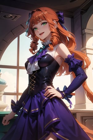 ((masterpiece, best quality)), absurdres, Detailed image, stop,1girl, masterpiece, best quality, best quality, beautiful and aesthetic),Guinevere_ML, solo, long purple dress, looking at viewer, cowboy shot, cinematic composition Long orange hair curled with a blue ribbon behind her head, green eyes, Laugh, feel free 