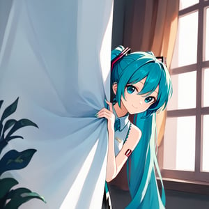 score_9, score_8_up, score_7_up,source_anime, high res image,masterpiece,best quality,girl,cute face, HATSUNE MIKU, Long twin ponytail blue hair, hair ornament, blueeyesLong twin ponytail blue hair, hair ornament, White sleeveless shirt, indoors, window, curtain cloth,smile,peeking out upper body, Flowers, wall hangings, posters, colored tapered flag ropes 