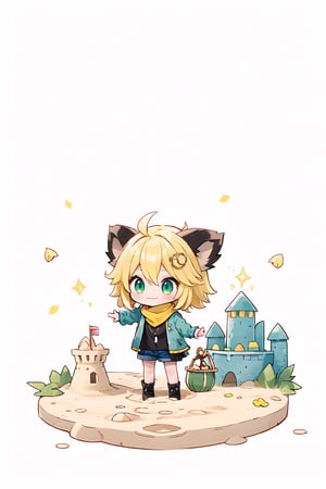 1 Girl chibi, short blonde hair, brown animal ears, green eyes, hairpin, long yellow scarf, a strand of hair standing up, short black t-shirt, green short jacket, joy, "wavy and dynamic movement Floating pastel flower petals Anime soft. Cute, short blonde hair, animal ears brown, hairpin, yellow scarf, pendant, green rolled up jacket, short black t-shirt, shorts, White background, Colorful pointed flag scribbles, beads :3, Sand, small bucket, sand castle 