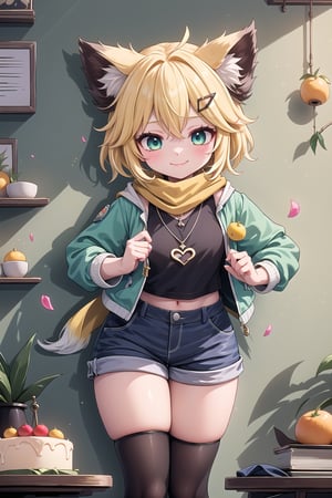 1 Girl, short blonde hair, brown animal ears, green eyes, hairpin, long yellow scarf, a strand of hair standing up, short black t-shirt, dark green short jacket, necklace, lollipop, shorts, sweet background, joy, "Elegant crystal , graceful curves, Filled with orange and white marble fluid forming a fox shape, wavy and dynamic movement Floating pastel flower petals Anime soft pink gradient background and highly detailed 8K resolution brown animals, hairpins, yellow scarves, pendants, dark green jackets, short black t-shirts, shorts, fabrics, necklaces, black stockings, indoor background, decoration, table, fruits, grass, flowers, colour_textDecoration, boards write, grass, flowers, text, joyml, tousled hair, toys, scattered, Look for it, A strand of hair stands up,Books, children's games, cloth, colorful pointed flags, cups, cakes, Happy, smile, holding a piece of paper saying heart, Snotty, Red nose, standing, leaning against the wall,