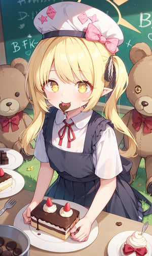 score_9, score_8_up, score_7_up, Teddy bear, Without_people, on the ground grass leaves flowers, fubukiBA,1 little girl in the room, sitting at the table, blackboard, write mixed text Ibuki, Yellow eyes, blonde hair, wrap skirt, clothes,ibuki-dress,ibuki-default,ibuki \(blue archive\), cuteloliface, Upper body, dining table, apron, chef hat, closed mouth, Hold chocolate cream cake, Tongue sticking out, 