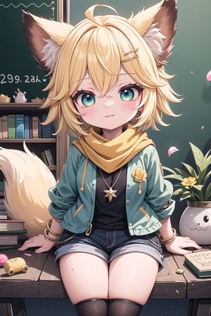 1 Girl, short blonde hair, brown animal ears, green eyes, hairpin, long yellow scarf, a strand of hair standing up, short black t-shirt, dark green short jacket, necklace, lollipop, shorts, sweet background, joy , "Elegant crystal, graceful curves, Filled with orange and white marble liquid to form a fox shape. The cat has big eyes and a long tail. Fluid cat silhouette with wavy and dynamic movements. Pastel flower petals floating Softly pink gradient background. Stylish thin lines anime and bright colors. Very detailed 8K resolution. Cute, short blonde hair, brown animal ears, green eyes, hairpin, yellow scarf, pendant, dark green jacket, short black t-shirt, shorts, cloth, necklace, black stockings, indoor background, Decoration, chalkboard, grass, flowers, colored_textDecoration, chalkboard, grass, flowers, text, joyml, messy hair, sitting, toys, scattered, Look up, A strand of hair stands up,Books, children's games, cloth, colorful pointed flags, cups, cakes, 