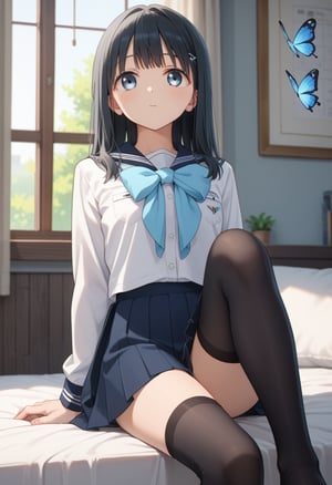 score_9, score_8_up, score_7_up, score_6_up, , score_5_up, , score_4_up, 
BREAK , 

masterpiece, best quality, Looking at the audience, 1girl solo, bangs,akebikomichi_anime, Long black hair short bangs, blue eyes, light blue butterfly, school uniform, pleated skirt, black stockings, inside the bedroom sitting on the bed, window, photo, shelf, wall decoration,