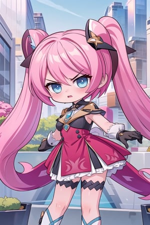 layla, star shaped blue eyes, pink hair, red dress, wannabe, angry open mouth, genshin chibi emote