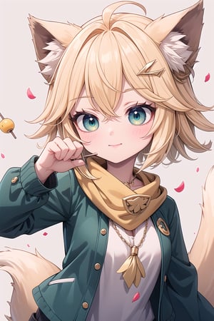 1 Girl, short blonde hair, brown animal ears, green eyes, hair clip, long yellow scarf, a piece of hair standing up, short black t-shirt, short dark green jacket, necklace, lollipop, shorts, Upper body, sweet white background,joyml, "Elegant crystal, graceful curves,Filled with marbled orange and white liquid forming a fox shape. Cat has large eyes and long tail. Fluid feline silhouette with wavy, dynamic motion. Pastel flower petals floating around Soft pink gradient background. Anime-style thin linework and vibrant colors. Glossy textures. Hyper-detailed 8K resolution. Masterpiece, best quality, sharp focus,watce, Happy, >~<, kiss pose