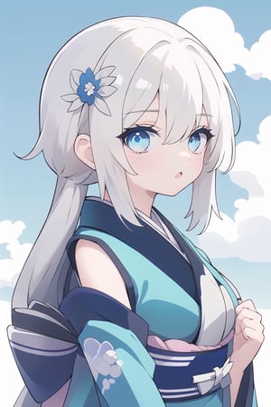 Kagura ml, 1 girl with white hair, hair ornament, kimono clothing, Blue flower Sky cloud  blue Eyes, :o, From the front looking at the viewer, arms crossed,