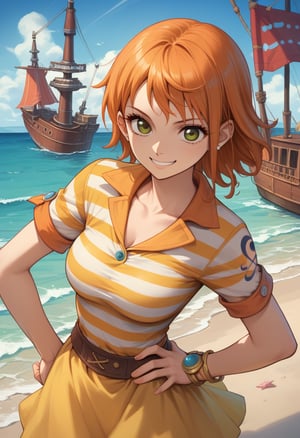 score_9, score_8_up, score_7_up, source_anime,  highly detailed, BREAK, 
 nami, 1girl, short hair, orange hair, solo, striped shirt, yellow skirt, looking at viewer, smile, brown eyes,boots,  upper body,hand on own hip,smile, beach,pirate ship