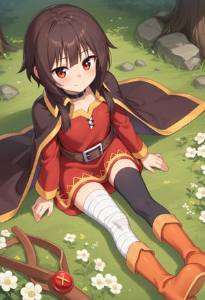 score_9, score_8_up, score_7_up, source_anime,  highly detailed, BREAK, 
  1girl,Meguminn, Red eyes, red dress, brown split cape, large belt, bandages & black stockings, boots, Sitting on the grass, smile, breeze, trees flowers sky clouds, rocks,megumin, red eyes, brown hair,short hair with long locks, From above, bangs