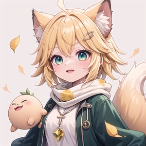 1 Girl, short blonde hair, brown animal ears, green eyes, hair clip, long yellow scarf, a piece of hair standing up, short black t-shirt, short dark green jacket, necklace, lollipop, shorts, Upper body, sweet white background,joyml, "Elegant crystal, graceful curves,Filled with marbled orange and white liquid forming a fox shape. Cat has large eyes and long tail. Fluid feline silhouette with wavy, dynamic motion. Pastel flower petals floating around Soft pink gradient background. Anime-style thin linework and vibrant colors. Glossy textures. Hyper-detailed 8K resolution. Masterpiece, best quality, sharp focus,watce, Happy, :p,