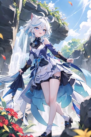 Furina, 1 girl, medium messy white hair, slightly blue, blue eyes, cat ears, bride, herself, long white dress, from below, beautiful face, outdoors, colorful flower garden, happy, arms spread, leaves falling, standing, shoes, rocks, furina\ (genshin impact\)
