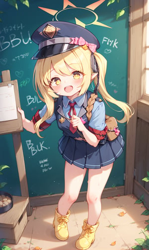 score_9, score_8_up, score_7_up, Without_humans, on the ground grass leaves flowers, fubukiBA,1 little girl in the room, , blackboard, write mixed text Ibuki, yellow eyes, blonde hair, wrap skirt, clothes,ibuki-dress,ibuki-default,ibuki \(blue archive\), cuteloliface, Mouth closed, Policewoman uniform Respectful pose, standing,