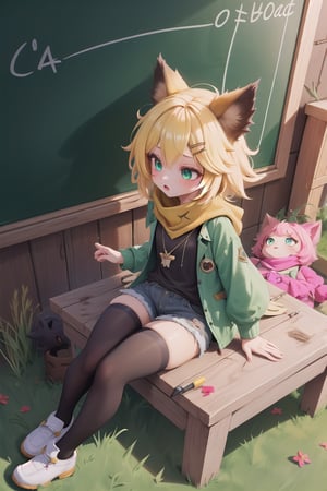 score_9, score_8_up, score_7_up,ANYA, 1 little girl, cute, short blonde hair, brown animal ears, green eyes, hairpin, yellow scarf, pendant, dark green jacket, short black t-shirt, shorts, cloth, necklace, black stockings, indoor background, Decoration, chalkboard, grass, flowers, colored_textDecoration, chalkboard, grass, flowers, text,joyml, messy hair, From above, sitting, toys, scattered 