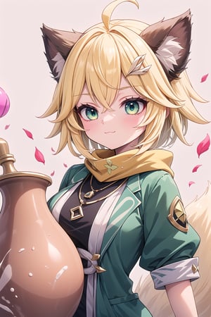 1 Girl, short blonde hair, brown animal ears, green eyes, hair clip, long yellow scarf, a piece of hair standing up, short black t-shirt, short dark green jacket, necklace, lollipop, shorts, Upper body, sweet :3, white background,joyml, "Elegant crystal glass vase, graceful curves,Filled with marbled orange and white liquid forming a fox shape. Cat has large eyes and long tail. Fluid feline silhouette with wavy, dynamic motion. Pastel flower petals floating around the vase. Soft pink gradient background. Anime-style thin linework and vibrant colors. Glossy textures. Hyper-detailed 8K resolution. Masterpiece, best quality, sharp focus,watce