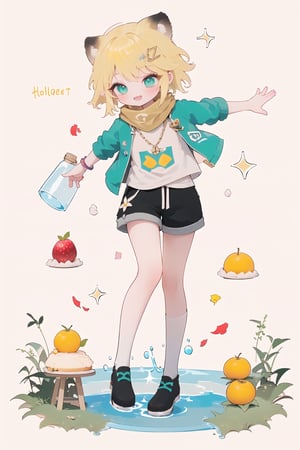 1 Girl, short blonde hair, brown animal ears, green eyes, hairpin, long yellow scarf, a strand of hair standing up, short black t-shirt, green short jacket, necklace, lollipop, shorts, sweet background, joy, "elegant crystal, graceful curves, Filled with orange and white marble fluid forming a fox shape, wavy and dynamic movement Floating pastel flower petals Anime soft pink gradient background. Cute, short blonde hair, animal ears brown, hairpin, yellow scarf, pendant, green rolled up jacket Short sleeve, short black t-shirt, shorts, cloth, necklace, black stockings, In a glass bottle, decoration, table, fruits, grass, flowers, colour_textDecoration, board write, grass, flowers, text, joyml, tousled hair, toys, scattered, Look for it, A strand of hair stands up,Books, children's games, cloth, colorful pointed flags, cups, cakes, Snotty, Red nose, standing, leaning against the wall, thin body, Slim Mouth open in smile Grinning, happy conceptual design, In a glass bottle  